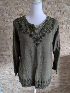 Vintage Kaaku Hippie Boho Embroidered Mineral Wash Tunic Top Green Eco Nature M